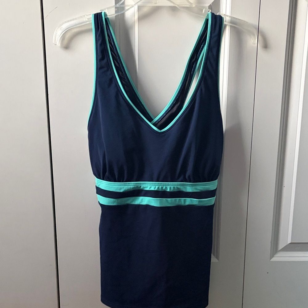 Lands' End Navy Tankini Top with Aqua Trim Women's Size 10